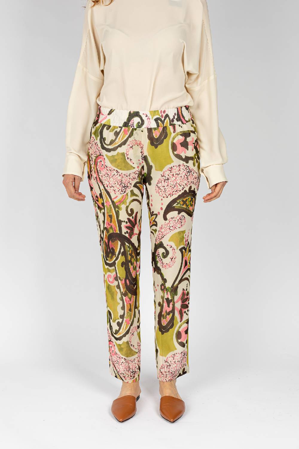 L.Pucci Pantaloni stampati disegni cachemire beige verdi linea morbida da donna