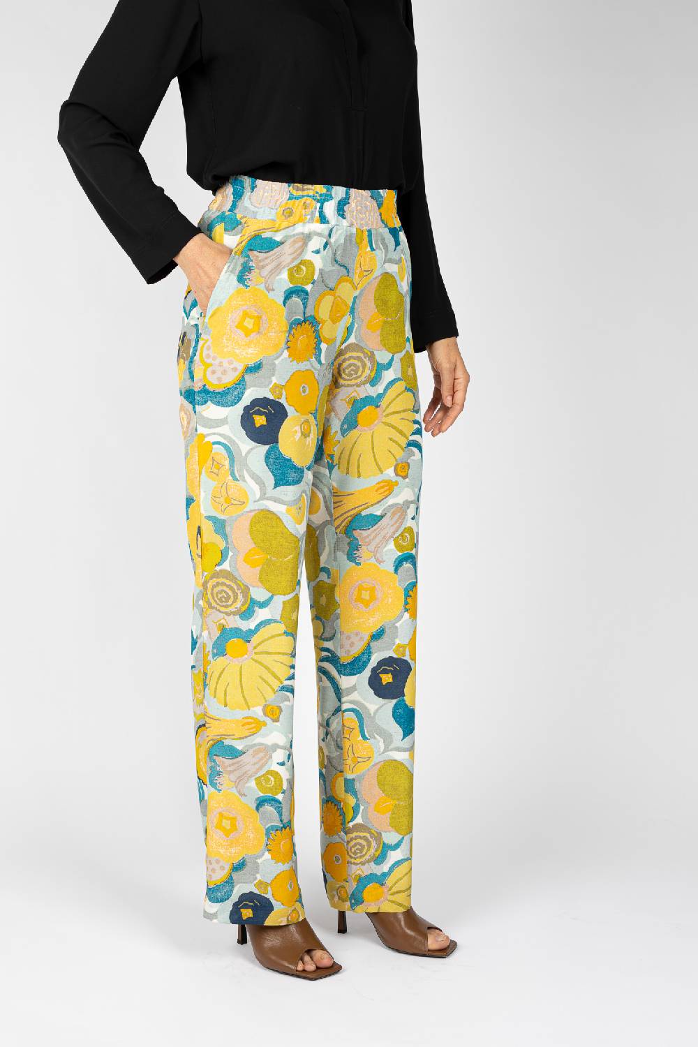 L.Pucci Pantaloni Stampati Disegno Fiori Sul Giallo Linea Morbida Da Donna
