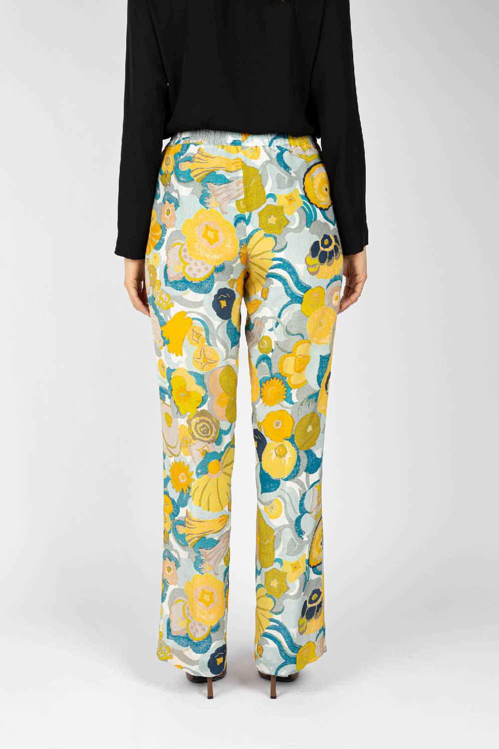 L.Pucci Pantaloni Stampati Disegno Fiori Sul Giallo Linea Morbida Da Donna