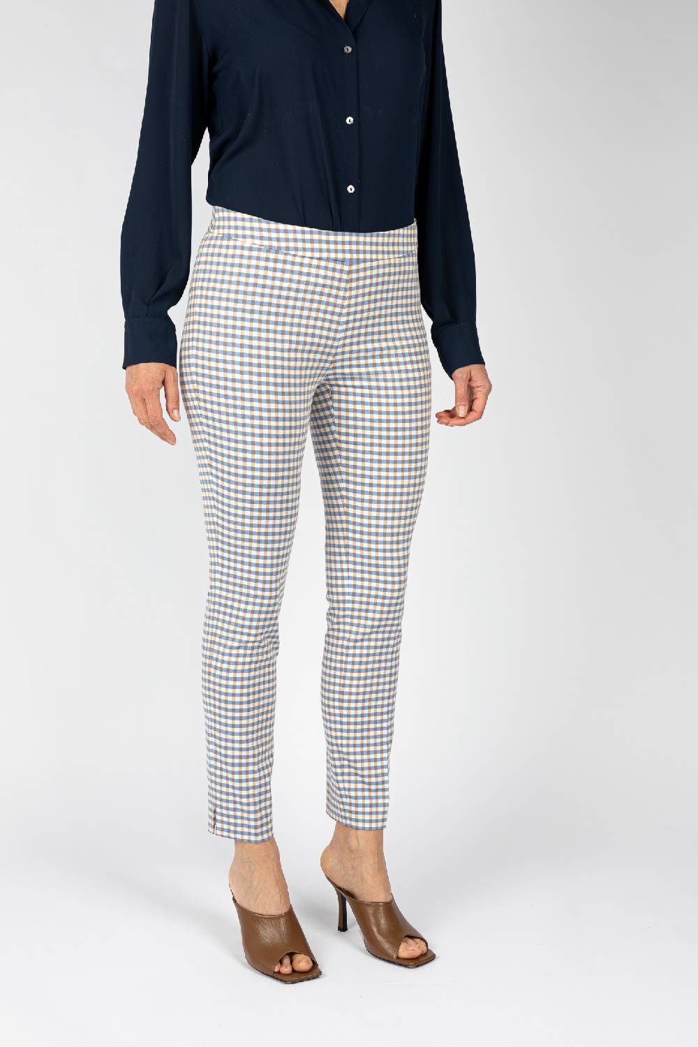 L.Pucci Pantaloni Tessuto Disegno Quadretto Colore Celeste, Linea A Sigaretta