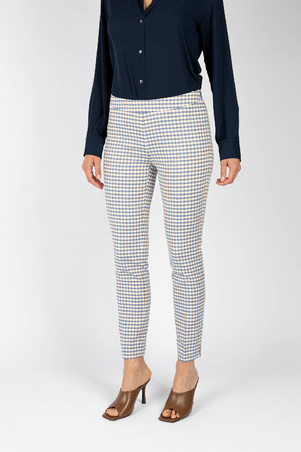 L.Pucci Pantaloni Tessuto Disegno Quadretto Colore Celeste, Linea A Sigaretta