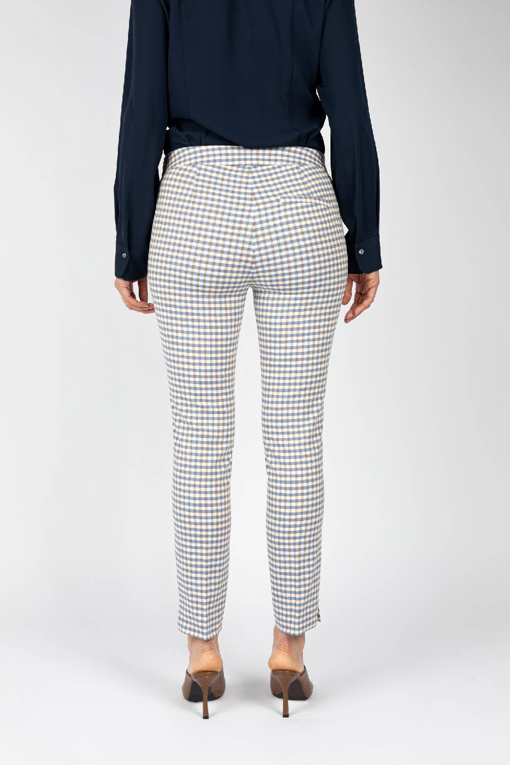 L.Pucci Pantaloni Tessuto Disegno Quadretto Colore Celeste, Linea A Sigaretta