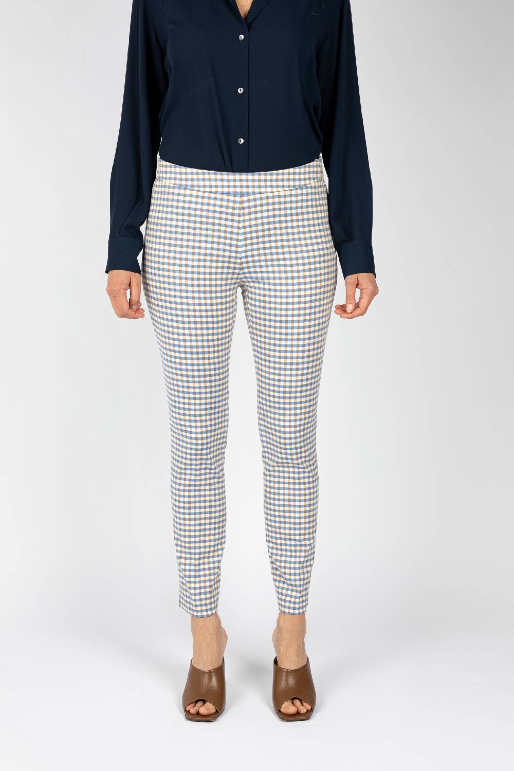 L.Pucci Pantaloni tessuto disegno quadretto colore celeste, linea a sigaretta