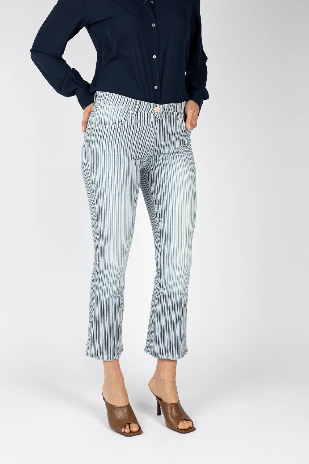 L.Pucci Pantaloni Tessuto Disegno Riga Colore Blu, Linea Jeans Fondo A Trombetta