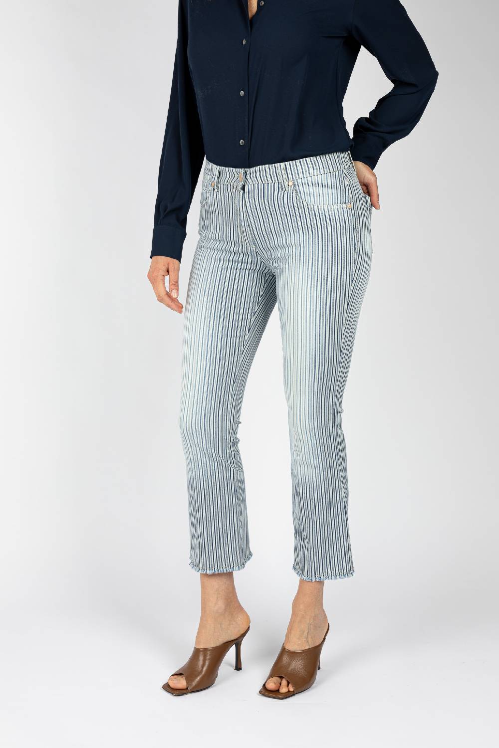 L.Pucci Pantaloni Tessuto Disegno Riga Colore Blu, Linea Jeans Fondo A Trombetta