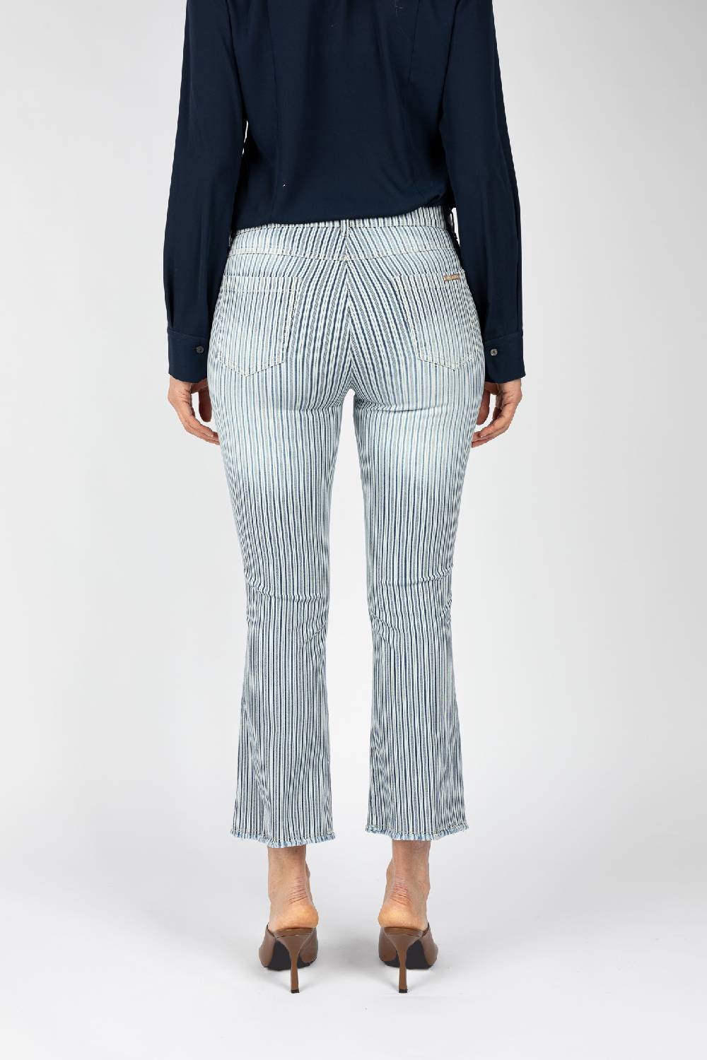 L.Pucci Pantaloni Tessuto Disegno Riga Colore Blu, Linea Jeans Fondo A Trombetta