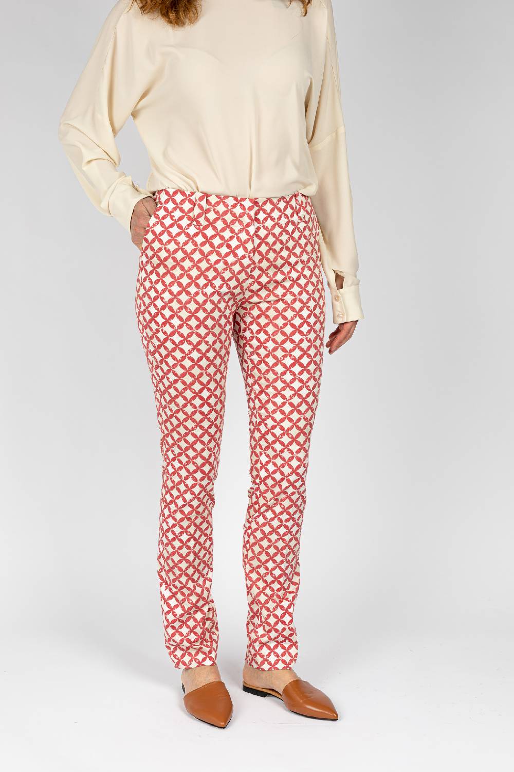 L.Pucci Pantaloni Tessuto Fantasia A Cerchi Rosso, Gamba Regolare