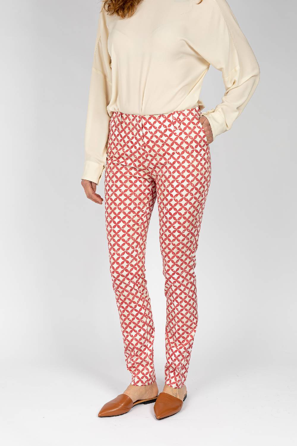 L.Pucci Pantaloni Tessuto Fantasia A Cerchi Rosso, Gamba Regolare