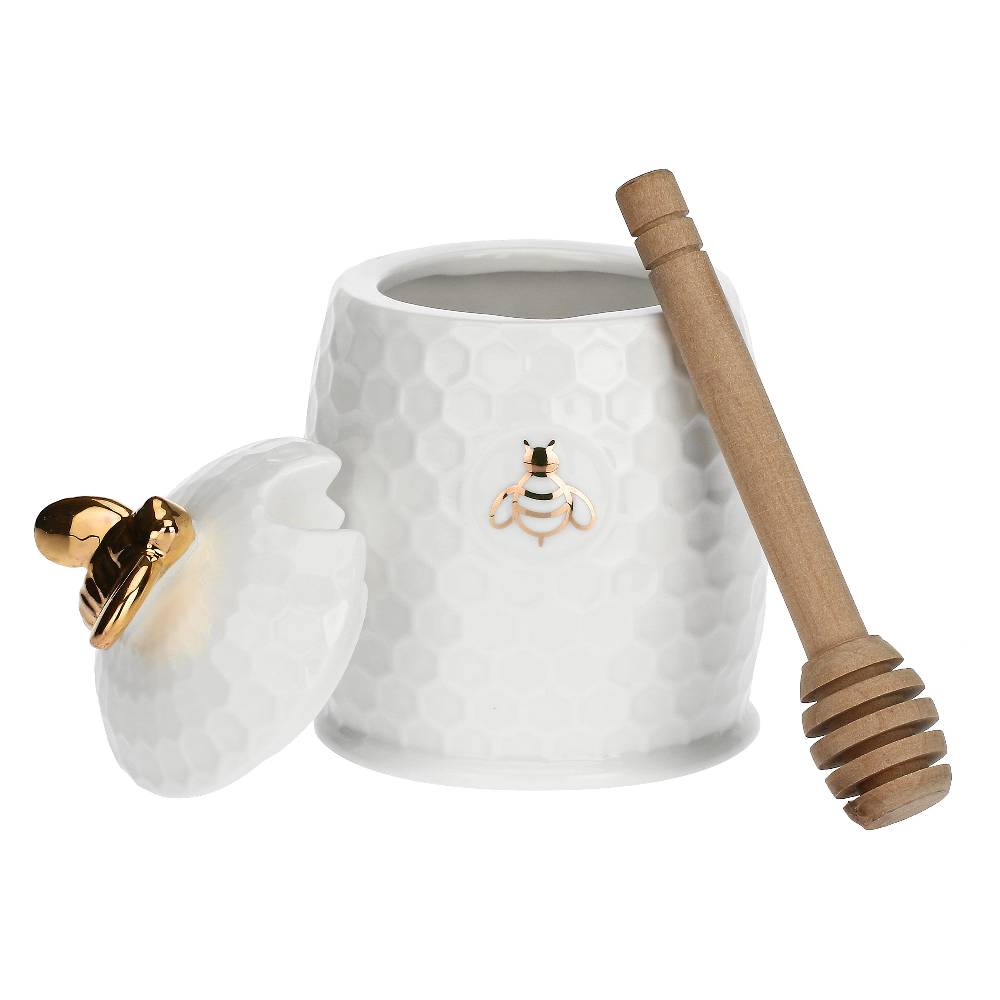 La Porcellana Bianca Vasetto Miele Con Servimiele Aperegina Oro