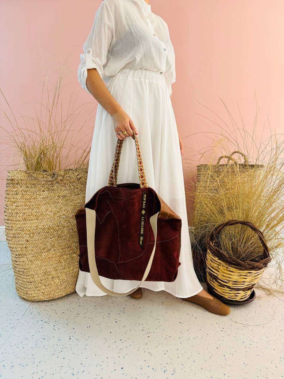 La Sellerie POP BAG suede dark red PATCHWORK