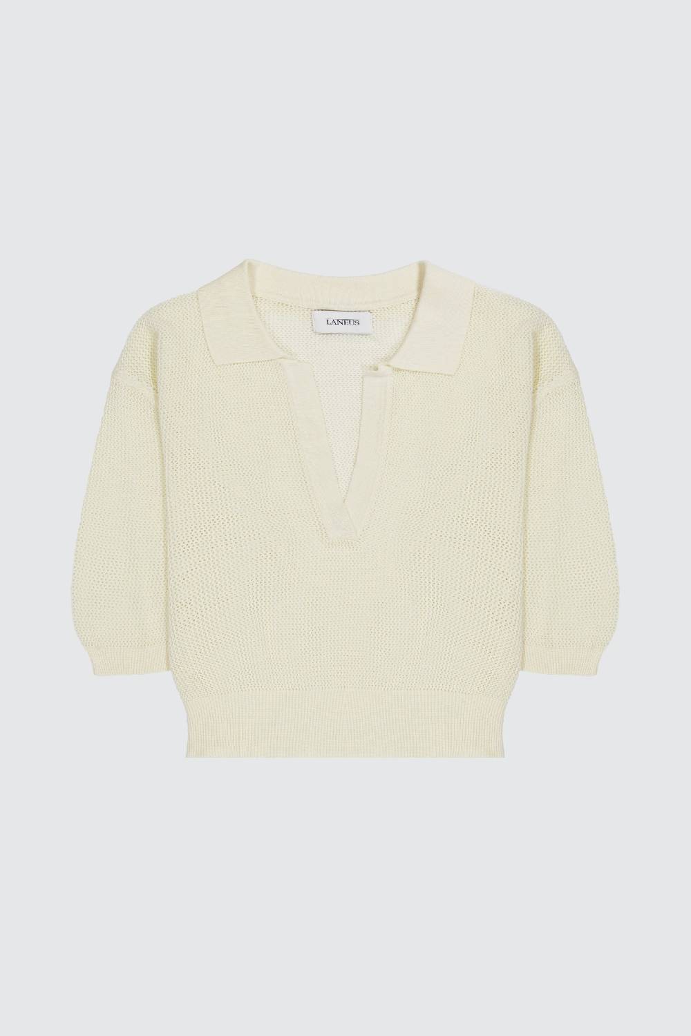 Laneus Laneus polo cream cropped in mesh con scollo a V