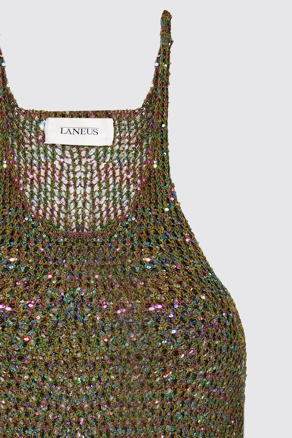 Laneus Lanues Canotta In Mesh Military Green Con Mini Paillettes Multicolor