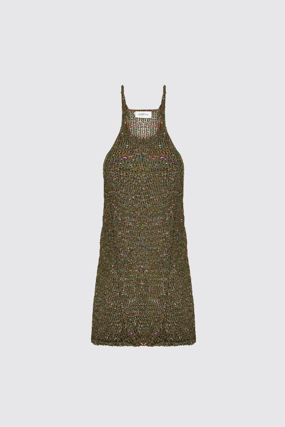 Laneus Lanues canotta in mesh military green con mini paillettes multicolor