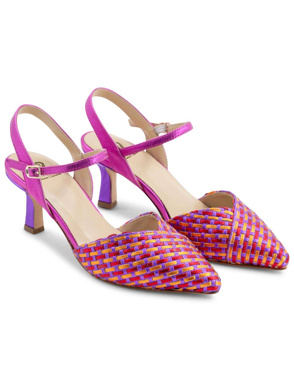 L'ARIANNA Decollete DE1540/rt Da Donna In Pelle Viola Arancio E Fucsia Con Cinturino Alla Caviglia