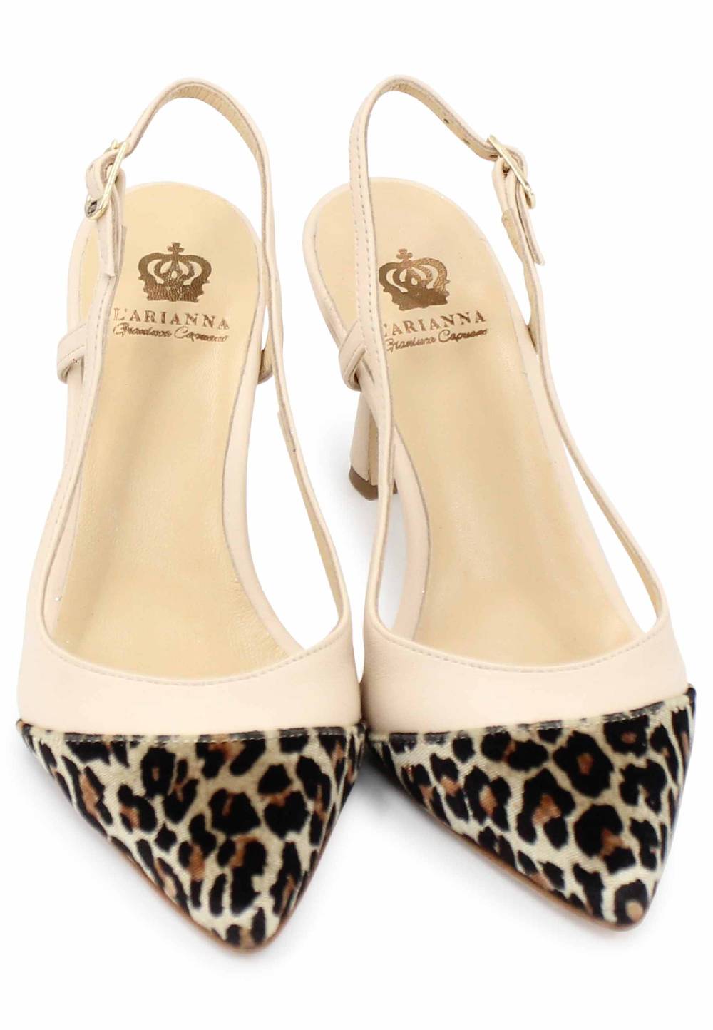 L'ARIANNA Decollete Slingback Ch1605/rt Donna In Pelle Beige E Tessuto Animalier Tacco Alto L'arianna