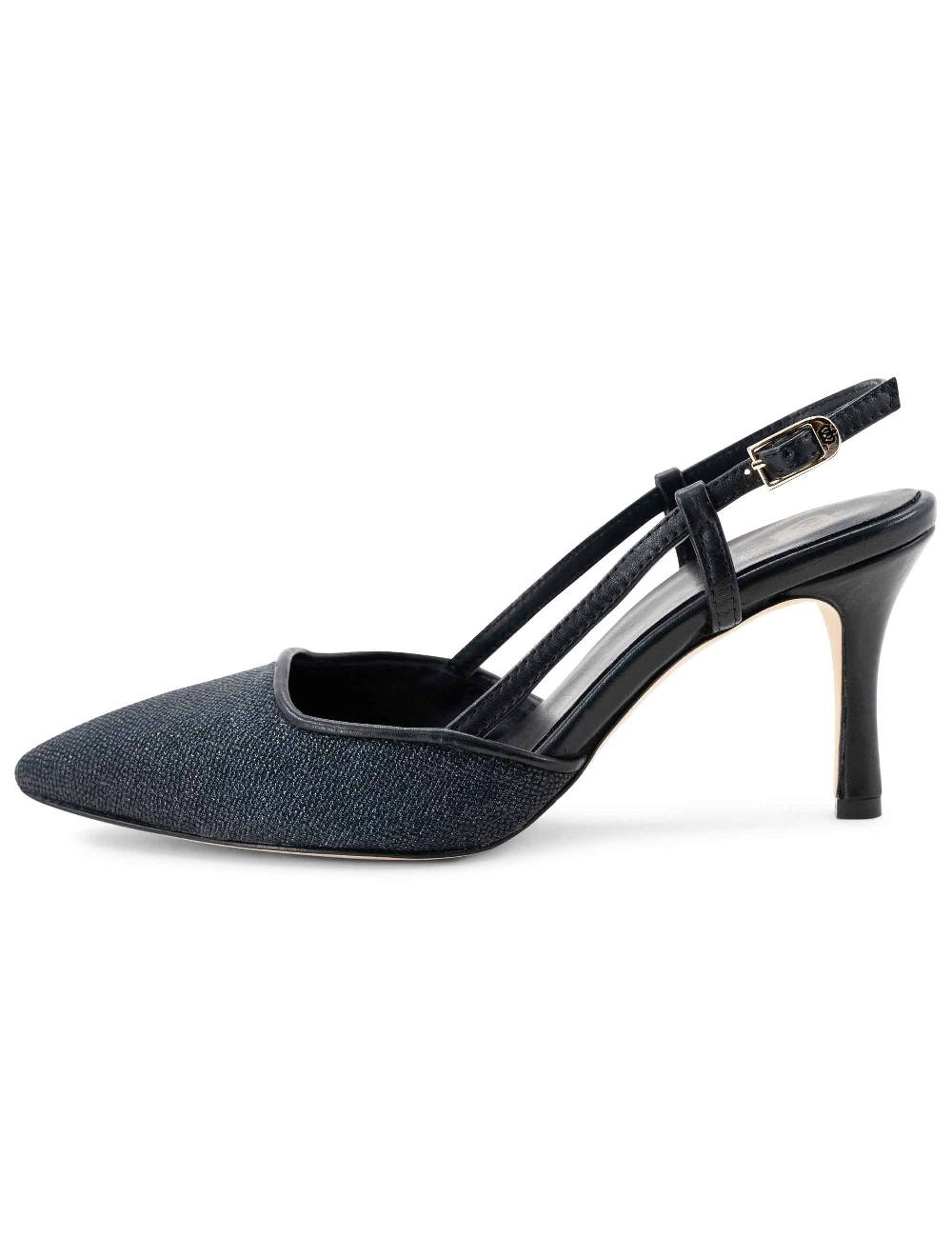 L'ARIANNA Decollete Slingback Ch1725 In Tessuto Zena Dark Con Cinturino E Tacco In Pelle Nera