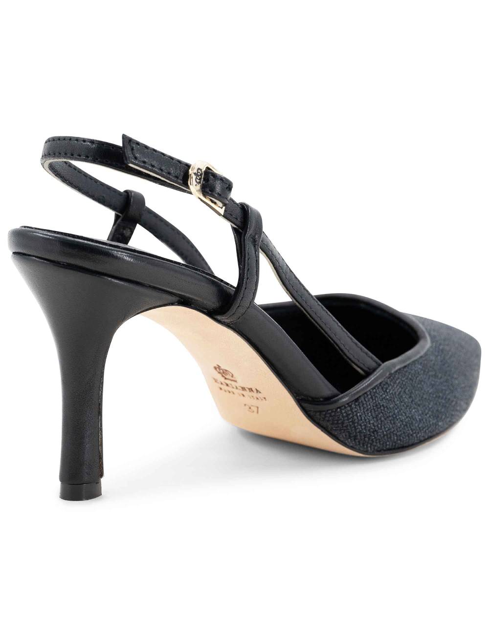 L'ARIANNA Decollete Slingback Ch1725 In Tessuto Zena Dark Con Cinturino E Tacco In Pelle Nera