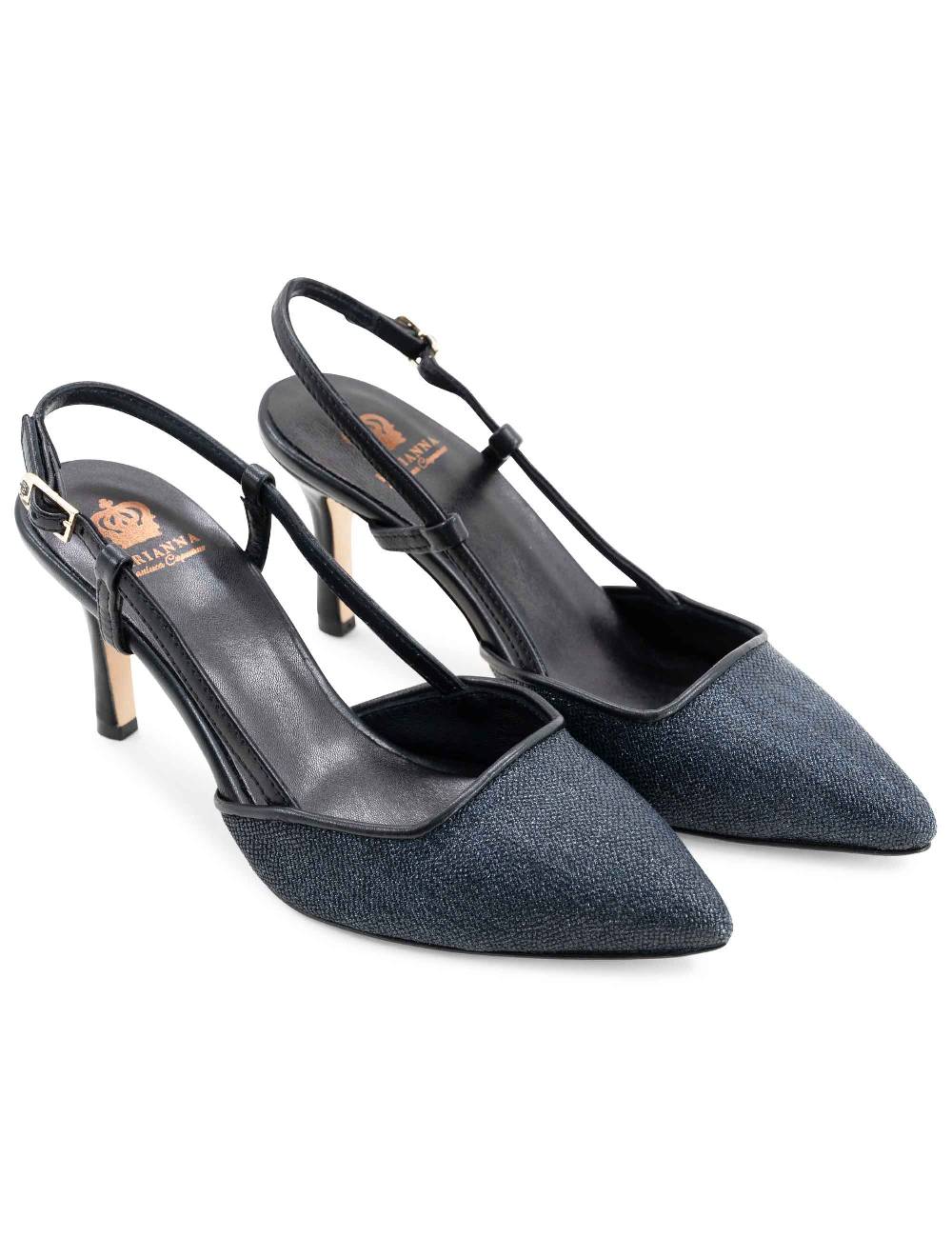 L'ARIANNA Decollete Slingback Ch1725 In Tessuto Zena Dark Con Cinturino E Tacco In Pelle Nera