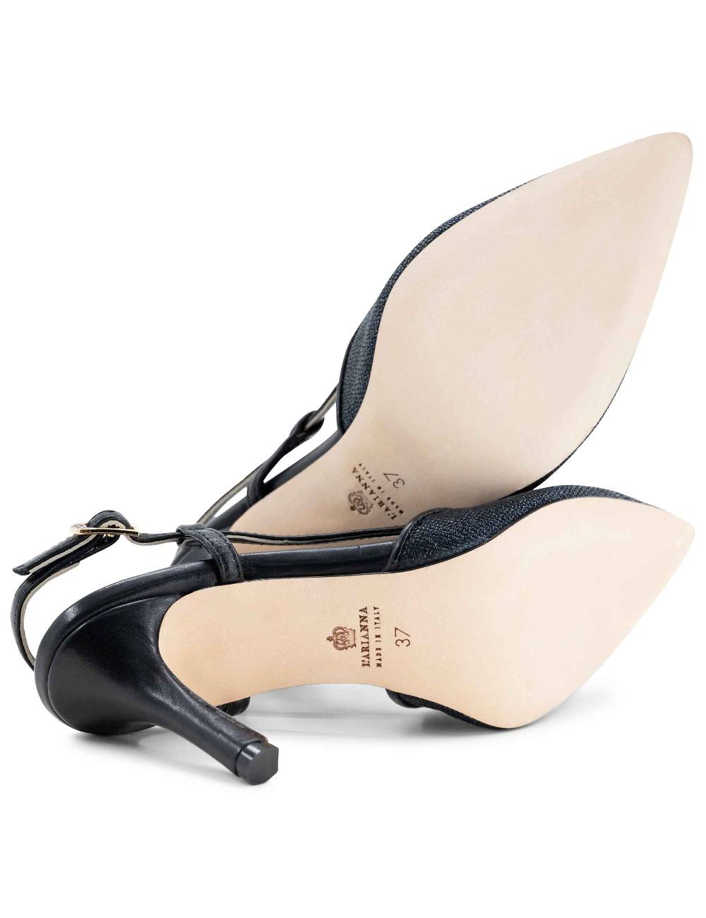 L'ARIANNA Decollete Slingback Ch1725 In Tessuto Zena Dark Con Cinturino E Tacco In Pelle Nera