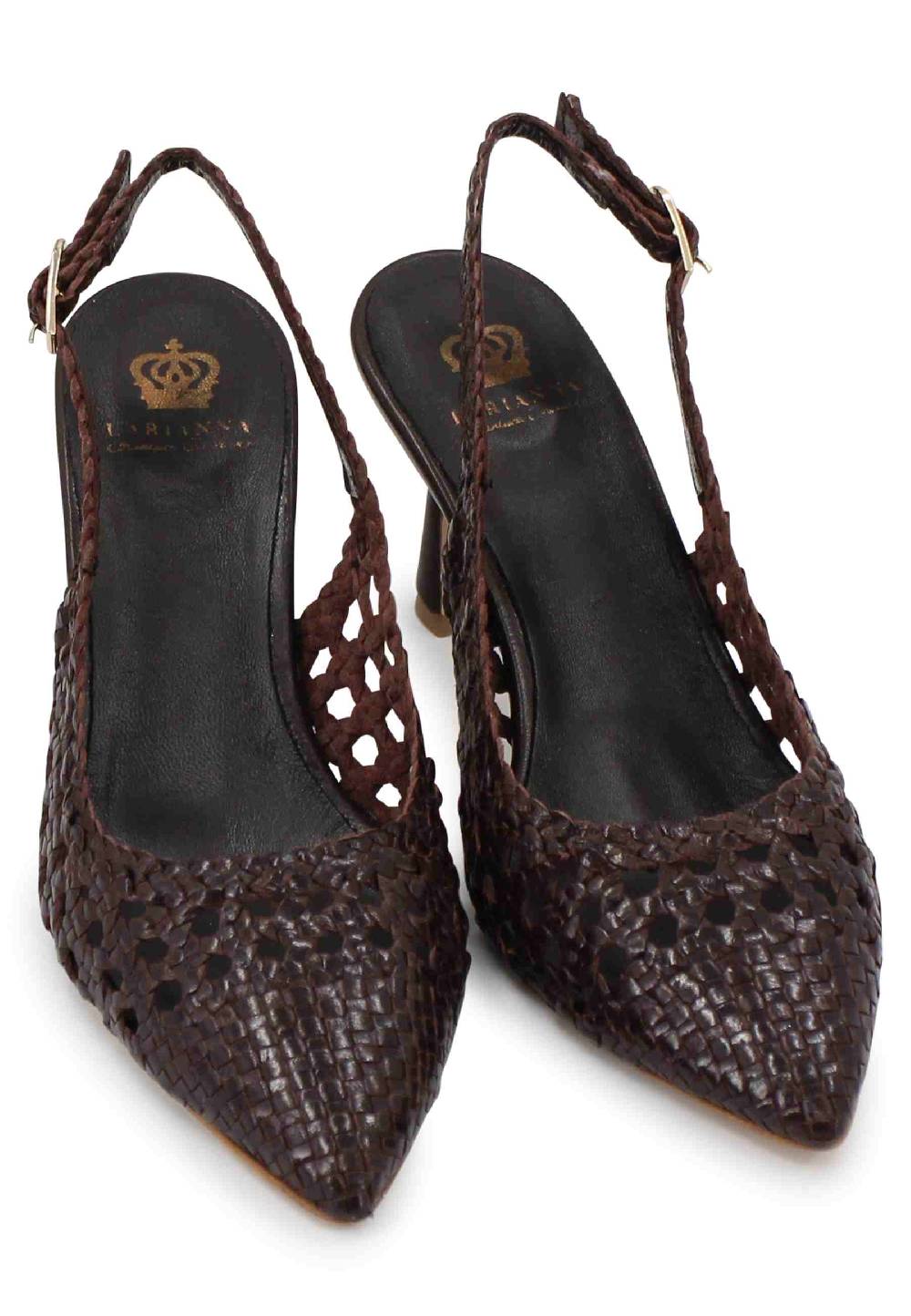 L'ARIANNA Decollete Slingback In Pelle Intrecciata Marrone Tacco Alto