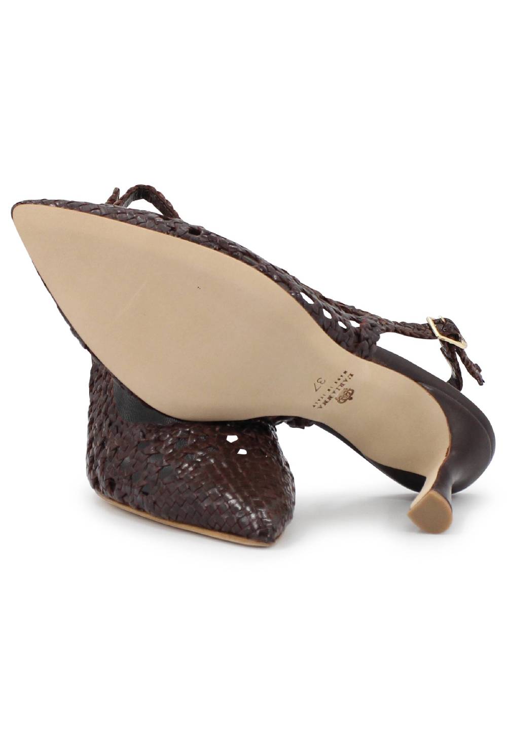 L'ARIANNA Decollete Slingback In Pelle Intrecciata Marrone Tacco Alto