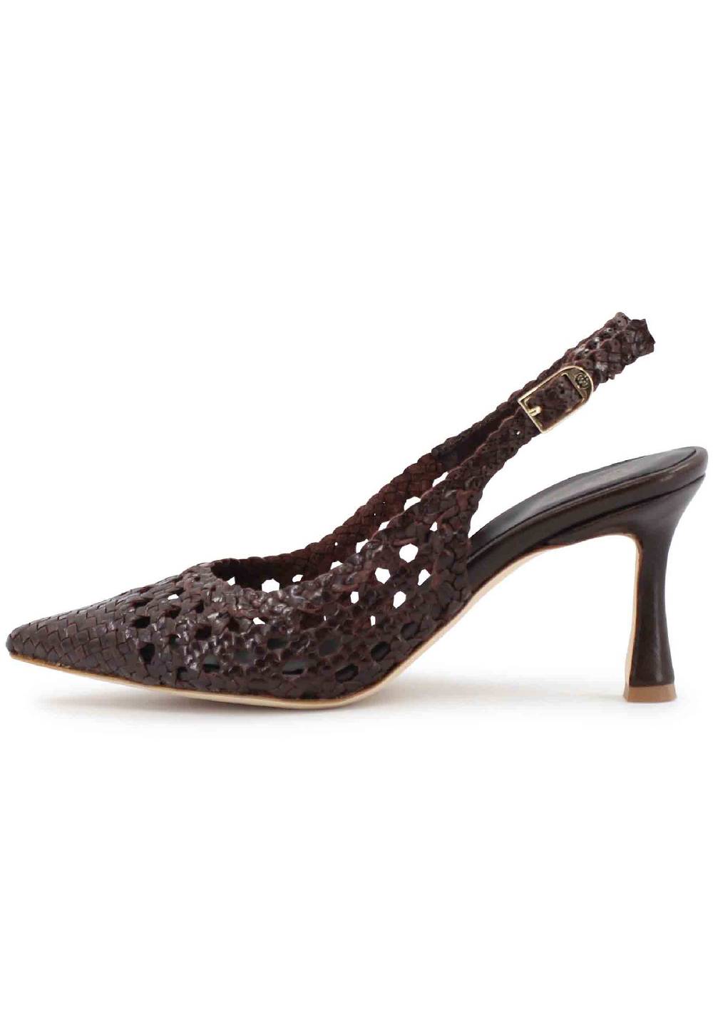 L'ARIANNA Decollete Slingback In Pelle Intrecciata Marrone Tacco Alto
