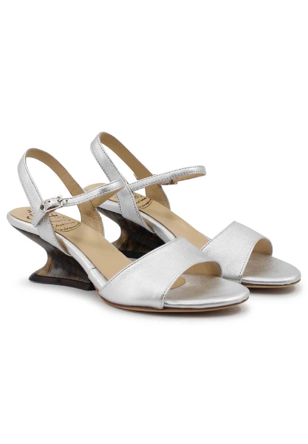 L'ARIANNA Sandali Donna In Pelle Laminata Argento Con Zeppa Bassa