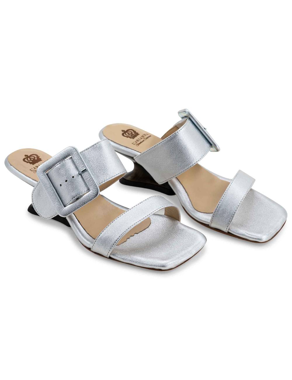 L'ARIANNA Sandali Ds1359/z Donna In Pelle Laminata Argento Con Zeppa Bassa