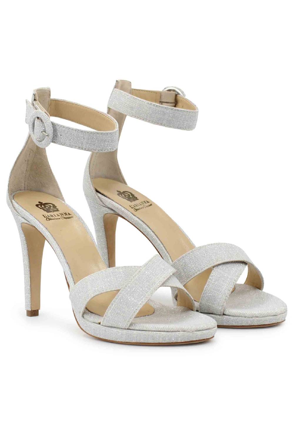 L'ARIANNA Sandali DS1507 Donna In Tessuto Off White Con Tacco Alto E Cinturino Alla Caviglia