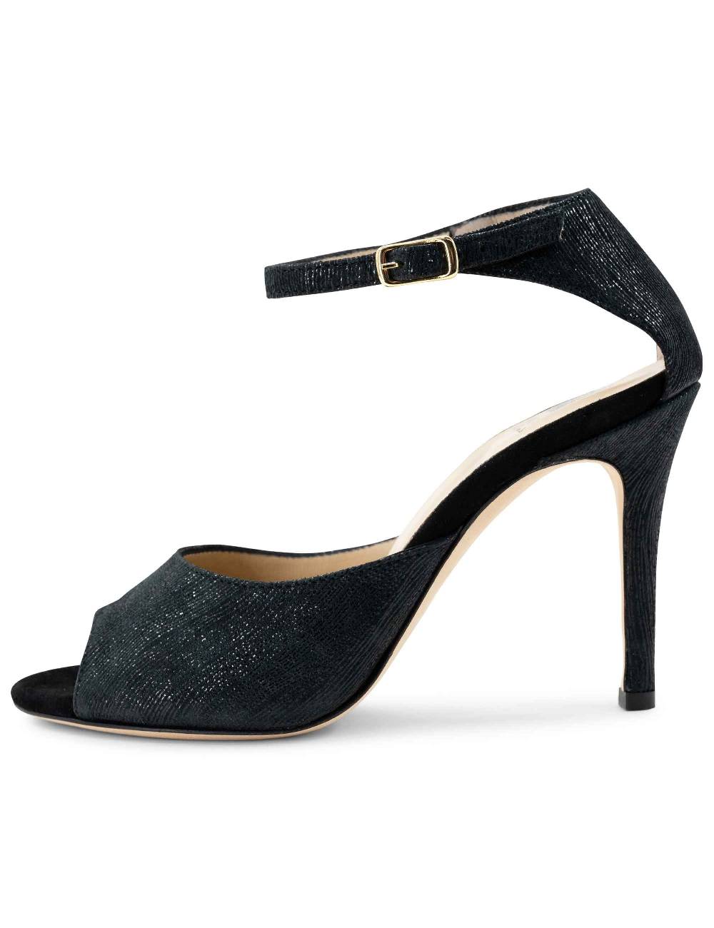 L'ARIANNA Sandali DS1518 Donna In Camoscio Nero E Lucry Nero Con Tacco Alto E Cinturino Alla Caviglia L'Arianna