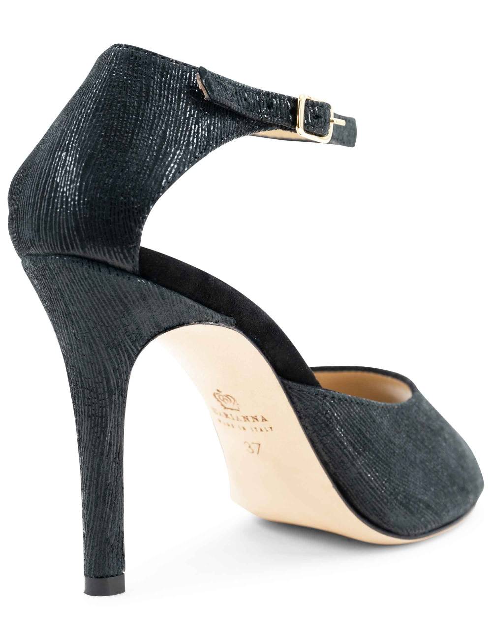 L'ARIANNA Sandali DS1518 Donna In Camoscio Nero E Lucry Nero Con Tacco Alto E Cinturino Alla Caviglia L'Arianna