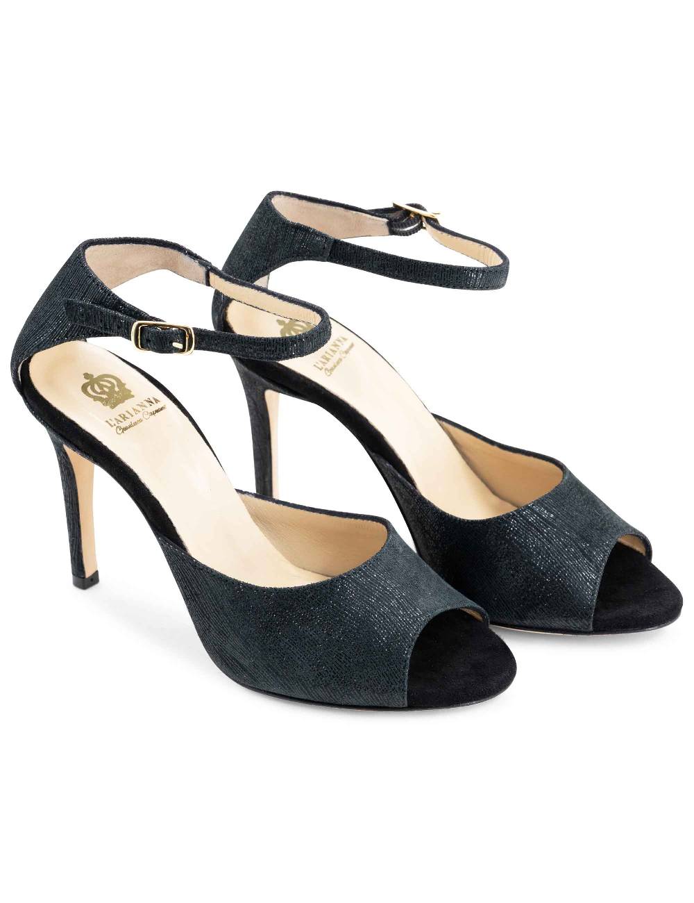 L'ARIANNA Sandali DS1518 Donna In Camoscio Nero E Lucry Nero Con Tacco Alto E Cinturino Alla Caviglia L'Arianna