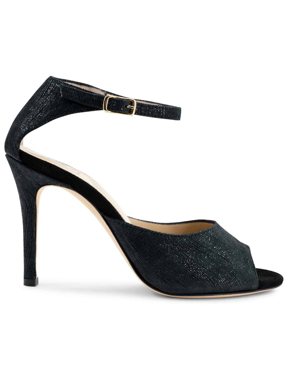 L'ARIANNA Sandali DS1518 donna in camoscio nero e lucry nero con tacco alto e cinturino alla caviglia L'Arianna