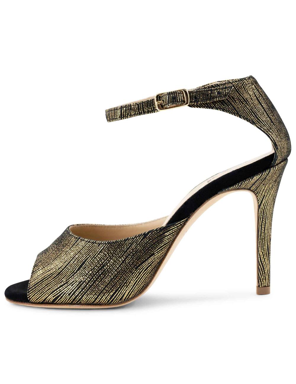 L'ARIANNA Sandali DS1518 Donna In Camoscio Nero E Lucry Oro Con Tacco Alto E Cinturino Alla Caviglia L'Arianna