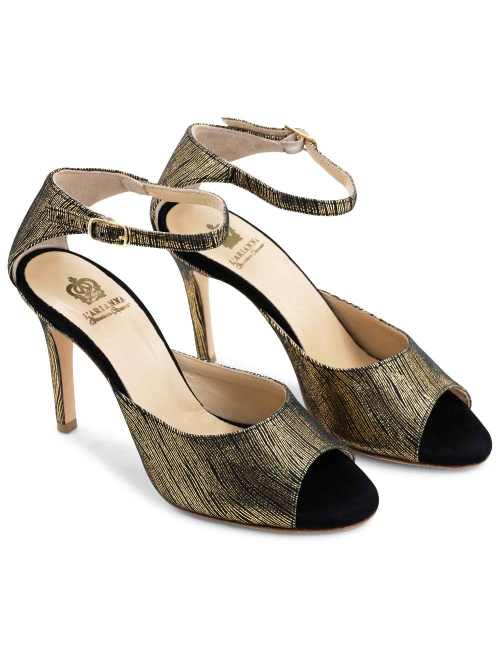 L'ARIANNA Sandali DS1518 Donna In Camoscio Nero E Lucry Oro Con Tacco Alto E Cinturino Alla Caviglia L'Arianna