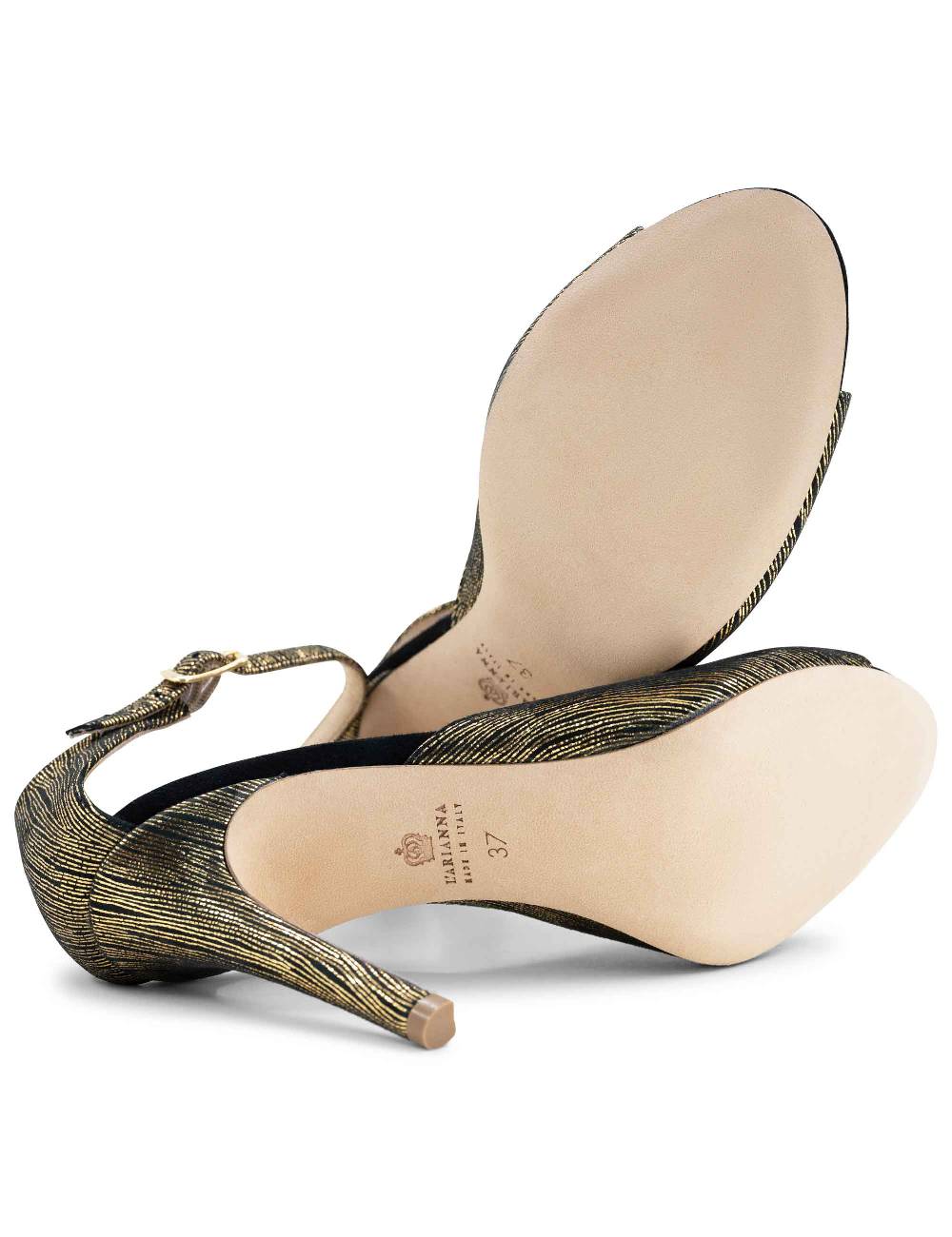 L'ARIANNA Sandali DS1518 Donna In Camoscio Nero E Lucry Oro Con Tacco Alto E Cinturino Alla Caviglia L'Arianna