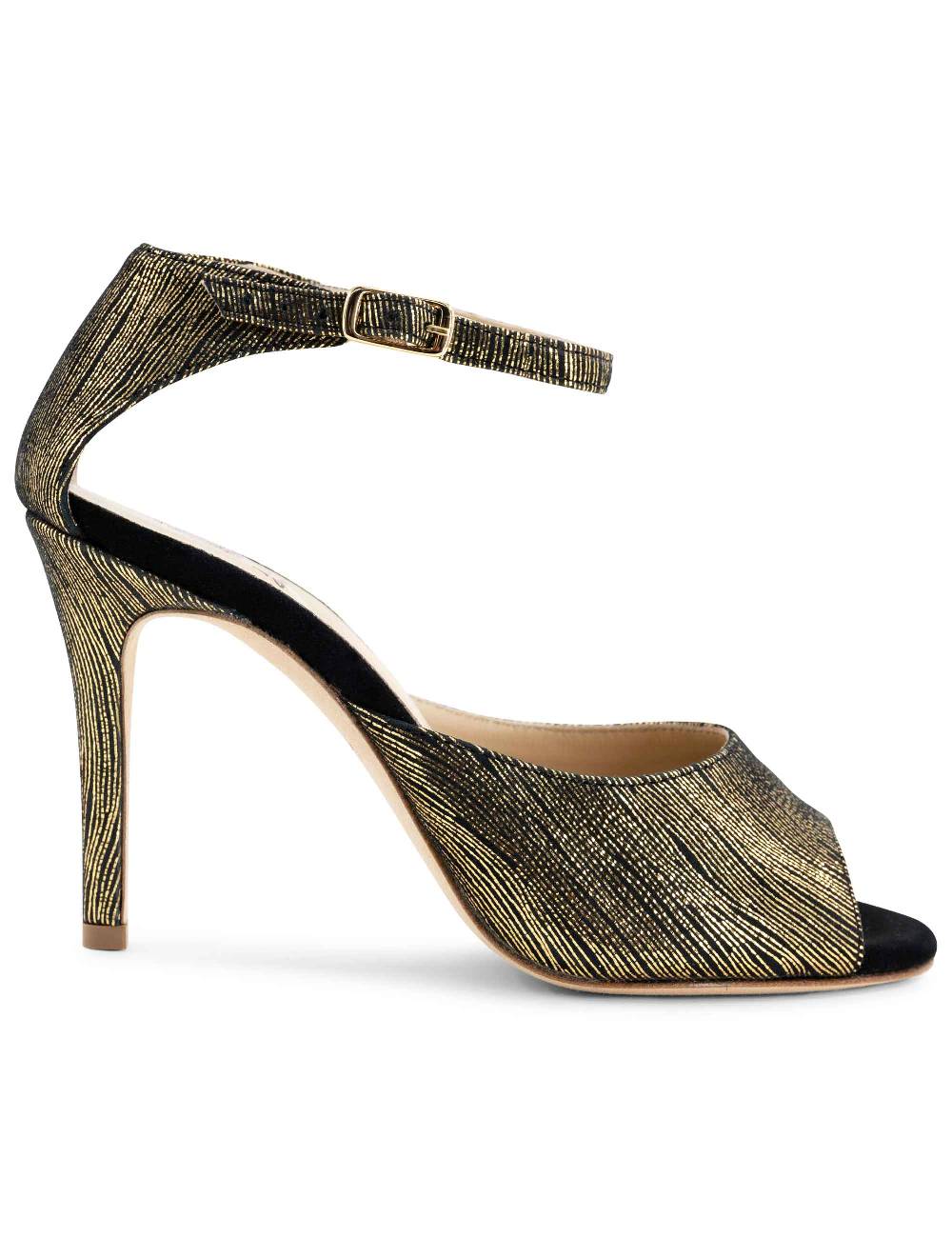 L'ARIANNA Sandali DS1518 donna in camoscio nero e lucry oro con tacco alto e cinturino alla caviglia L'Arianna