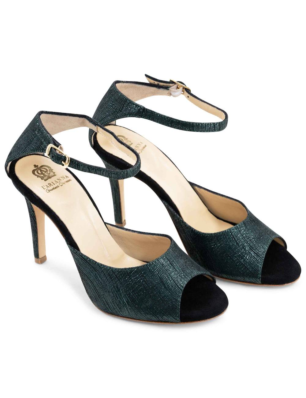 L'ARIANNA Sandali DS1518 Donna In Camoscio Nero E Lucry Verde Con Tacco Alto E Cinturino Alla Caviglia L'Arianna