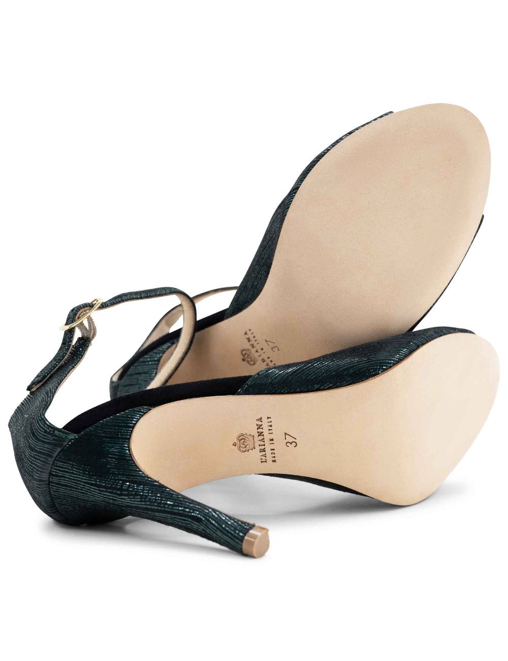 L'ARIANNA Sandali DS1518 Donna In Camoscio Nero E Lucry Verde Con Tacco Alto E Cinturino Alla Caviglia L'Arianna