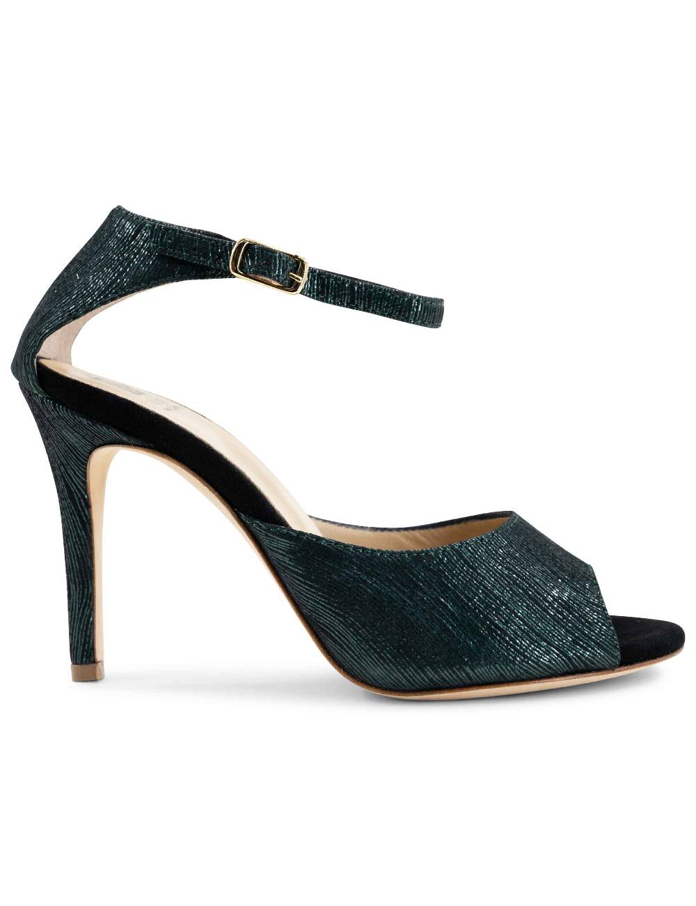 L'ARIANNA Sandali DS1518 donna in camoscio nero e lucry verde con tacco alto e cinturino alla caviglia L'Arianna