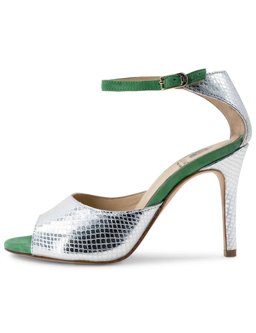 L'ARIANNA Sandali DS1518 Donna In Pelle Laminata Jeans Effetto Rettile E Camoscio Verde Con Tacco Alto E Cinturino Alla Caviglia L'Arianna