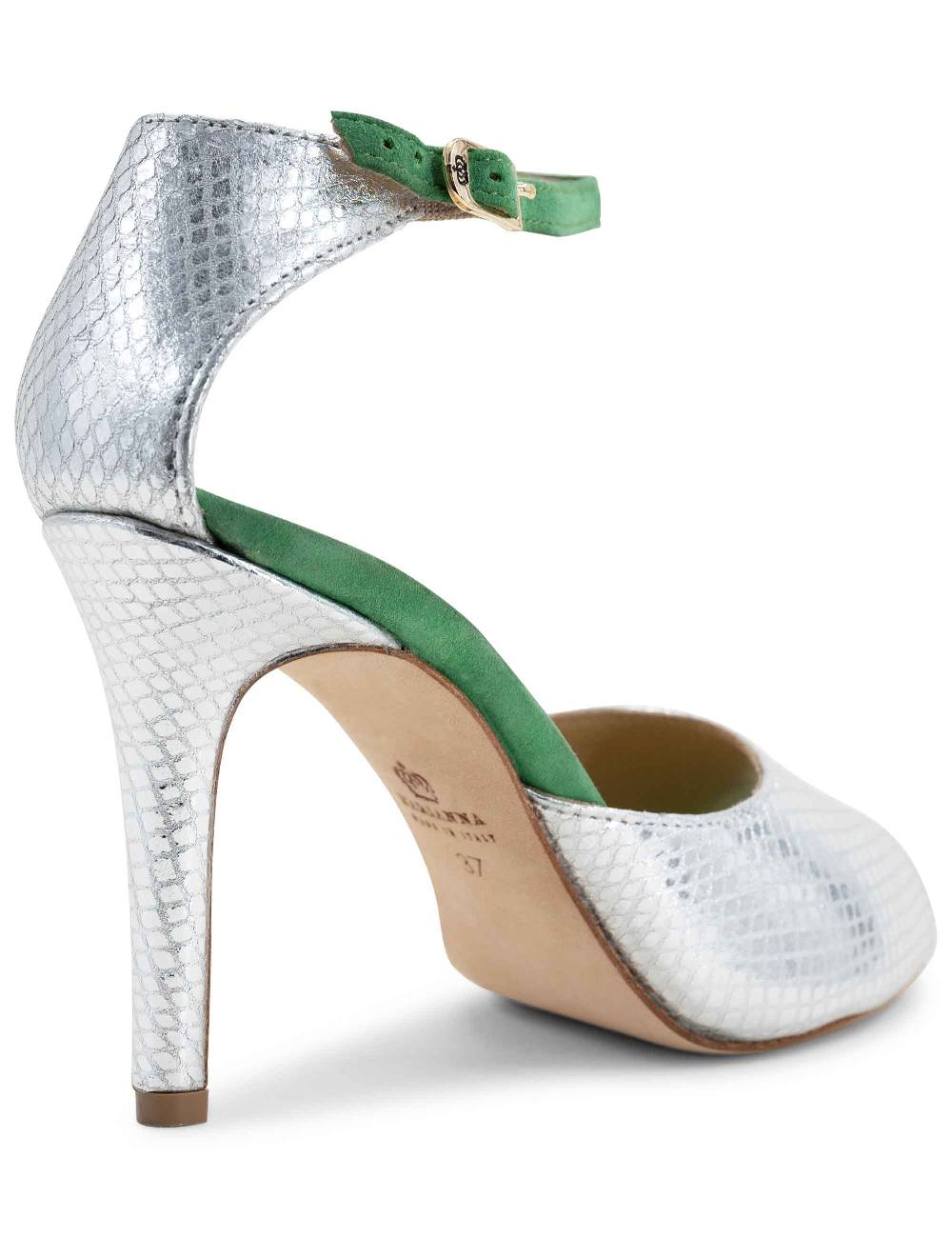 L'ARIANNA Sandali DS1518 Donna In Pelle Laminata Jeans Effetto Rettile E Camoscio Verde Con Tacco Alto E Cinturino Alla Caviglia L'Arianna