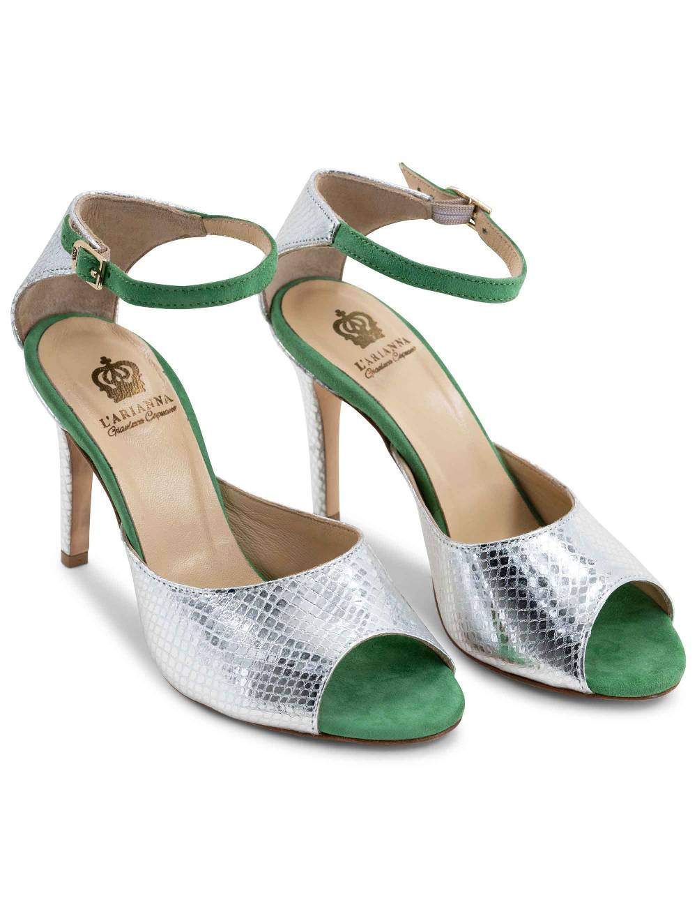 L'ARIANNA Sandali DS1518 Donna In Pelle Laminata Jeans Effetto Rettile E Camoscio Verde Con Tacco Alto E Cinturino Alla Caviglia L'Arianna