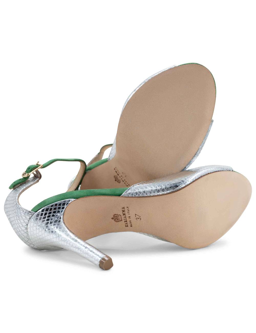 L'ARIANNA Sandali DS1518 Donna In Pelle Laminata Jeans Effetto Rettile E Camoscio Verde Con Tacco Alto E Cinturino Alla Caviglia L'Arianna