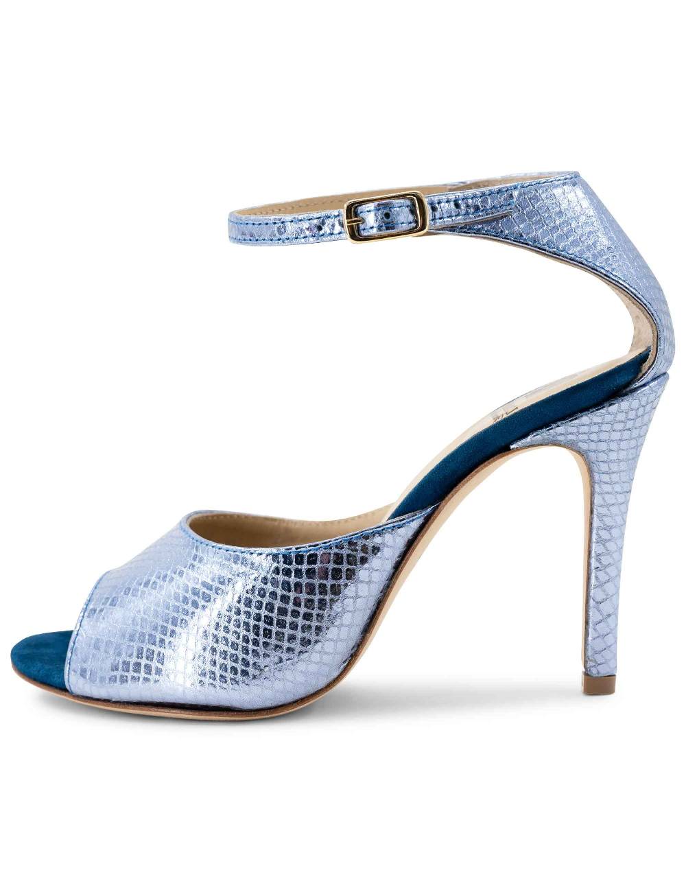 L'ARIANNA Sandali DS1518 Donna In Pelle Laminata Jeans Effetto Rettile E Camoscio Oceano Con Tacco Alto E Cinturino Alla Caviglia L'Arianna