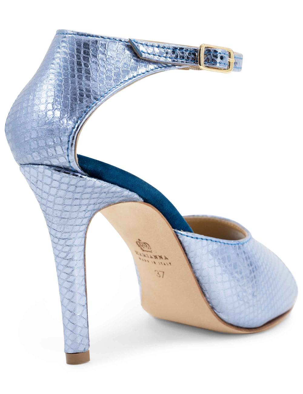 L'ARIANNA Sandali DS1518 Donna In Pelle Laminata Jeans Effetto Rettile E Camoscio Oceano Con Tacco Alto E Cinturino Alla Caviglia L'Arianna