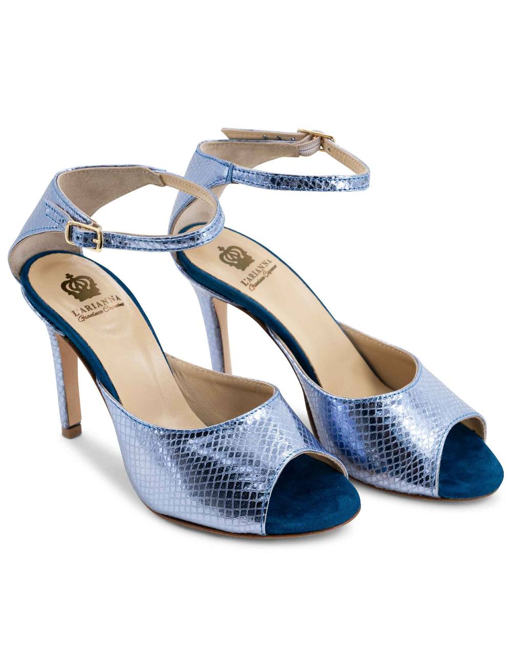 L'ARIANNA Sandali DS1518 Donna In Pelle Laminata Jeans Effetto Rettile E Camoscio Oceano Con Tacco Alto E Cinturino Alla Caviglia L'Arianna