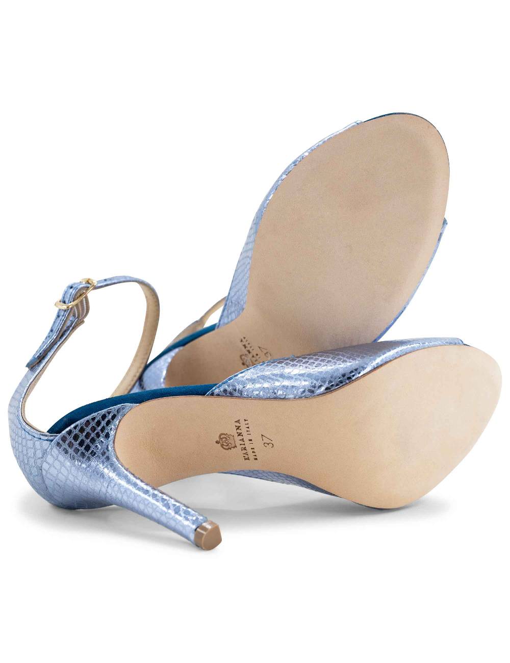 L'ARIANNA Sandali DS1518 Donna In Pelle Laminata Jeans Effetto Rettile E Camoscio Oceano Con Tacco Alto E Cinturino Alla Caviglia L'Arianna