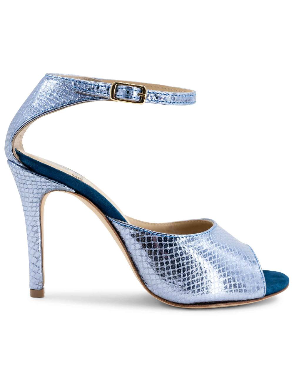 L'ARIANNA Sandali DS1518 donna in pelle laminata jeans effetto rettile e camoscio oceano con tacco alto e cinturino alla caviglia L'Arianna