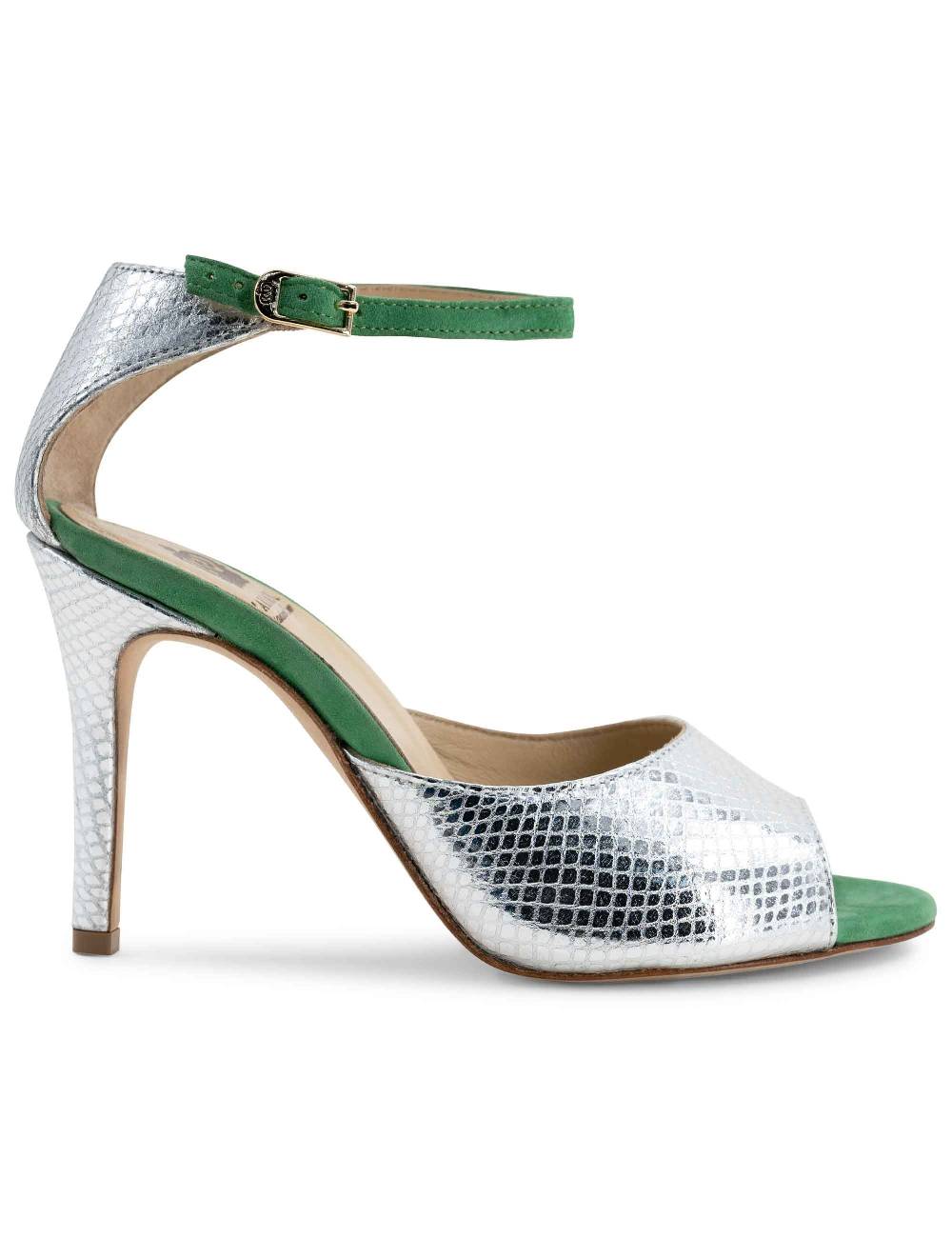 L'ARIANNA Sandali DS1518 donna in pelle laminata jeans effetto rettile e camoscio verde con tacco alto e cinturino alla caviglia L'Arianna